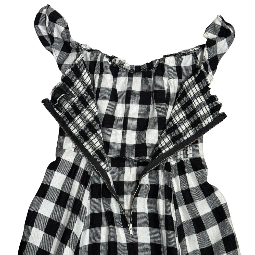Reformation Hattie Linen Midi Dress Gingham Black White Size 6 Off the Shoulder - Picture 10 of 11